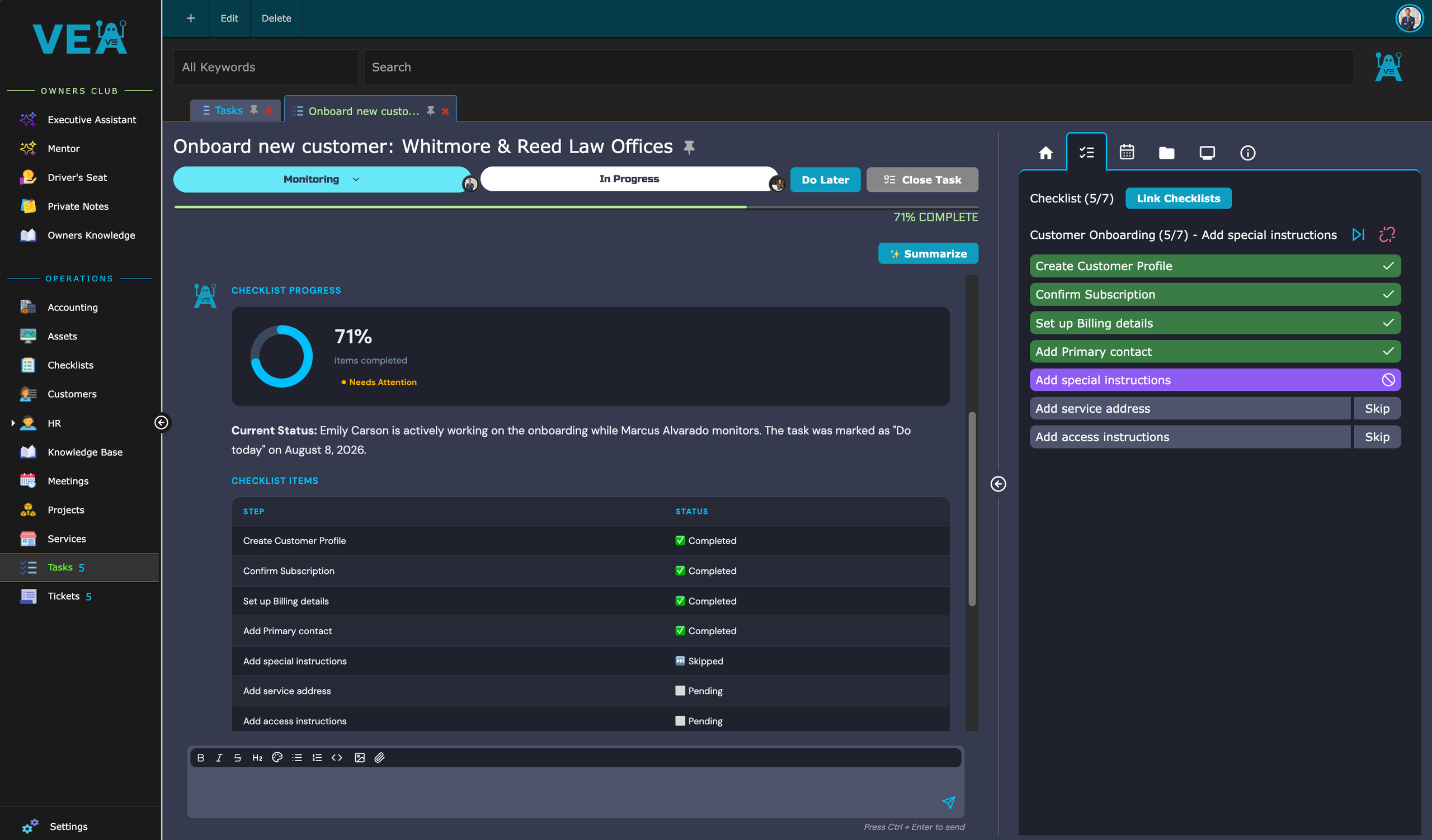 VEA checklist progress view showing completed, skipped, and pending onboarding steps