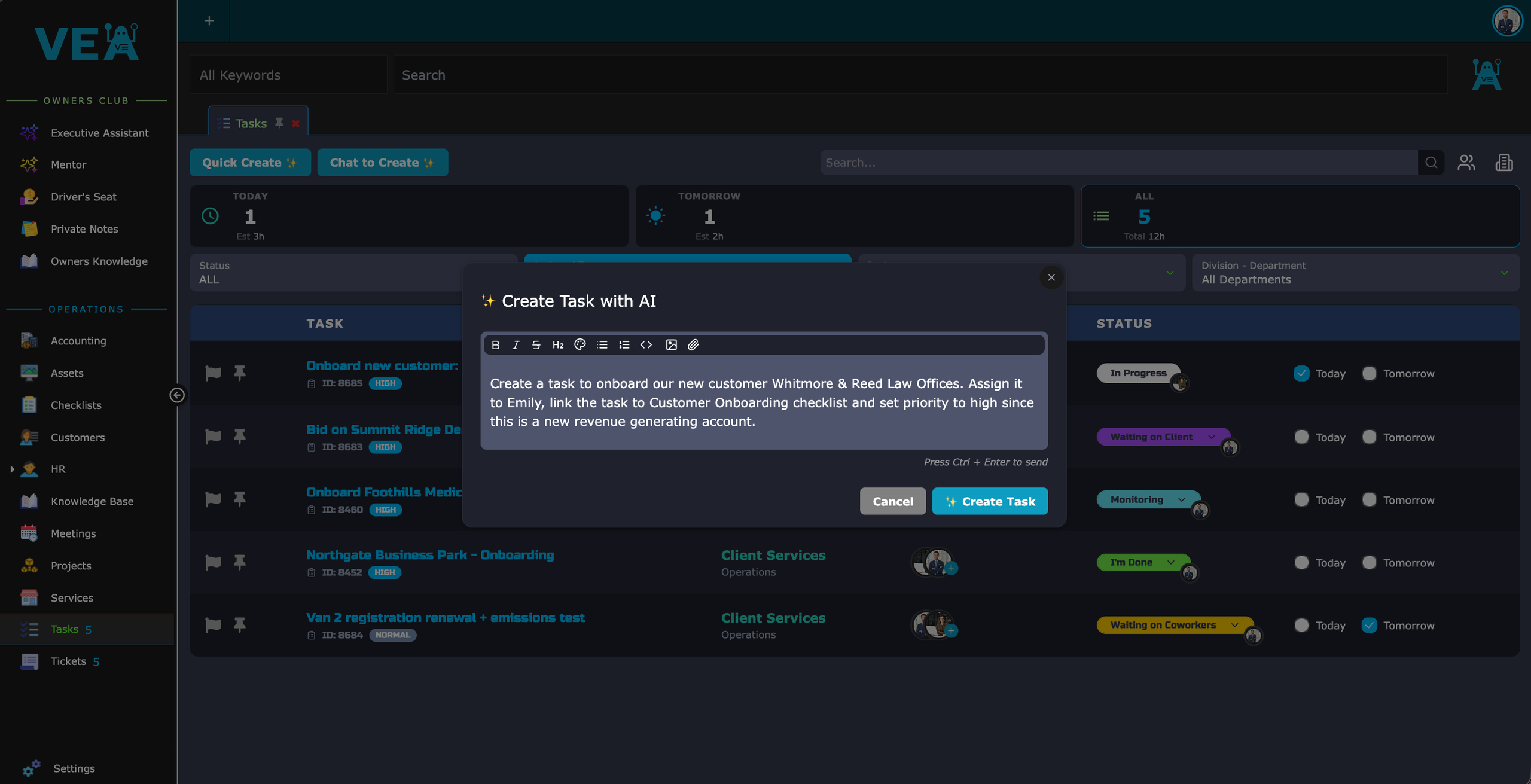 Creating a task with AI in VEA, which assigns it, sets priority, and links the right checklist